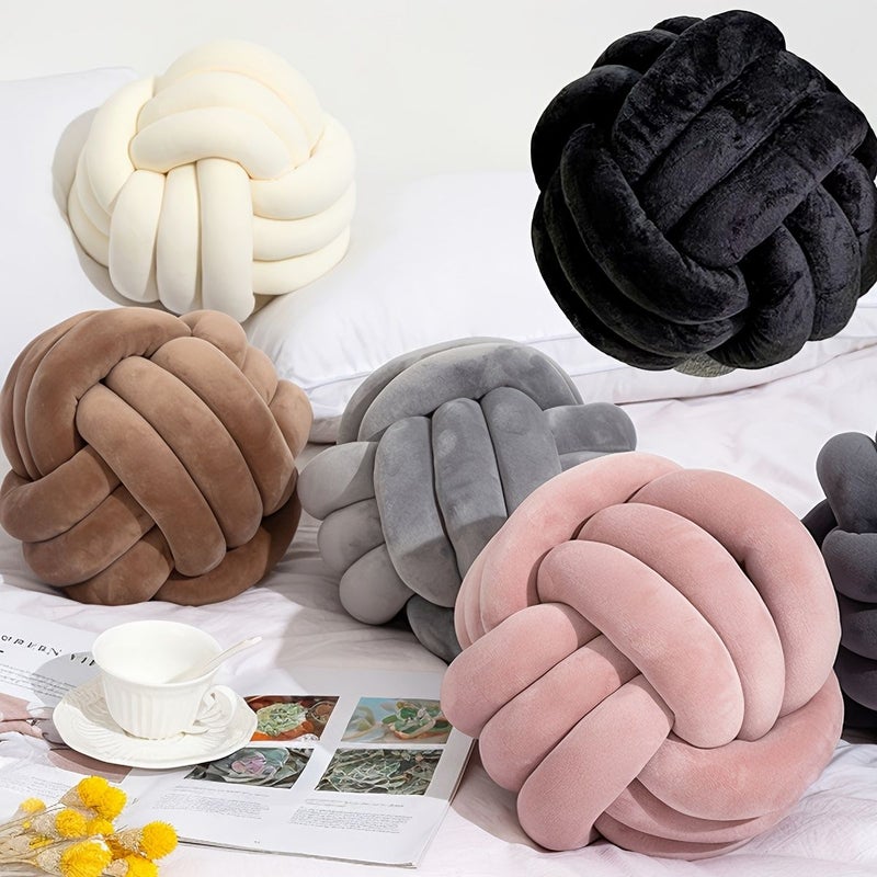 Beige Handmade Knot Ball Throw Pillow for Bedroom Sofa Decoration - Image 1