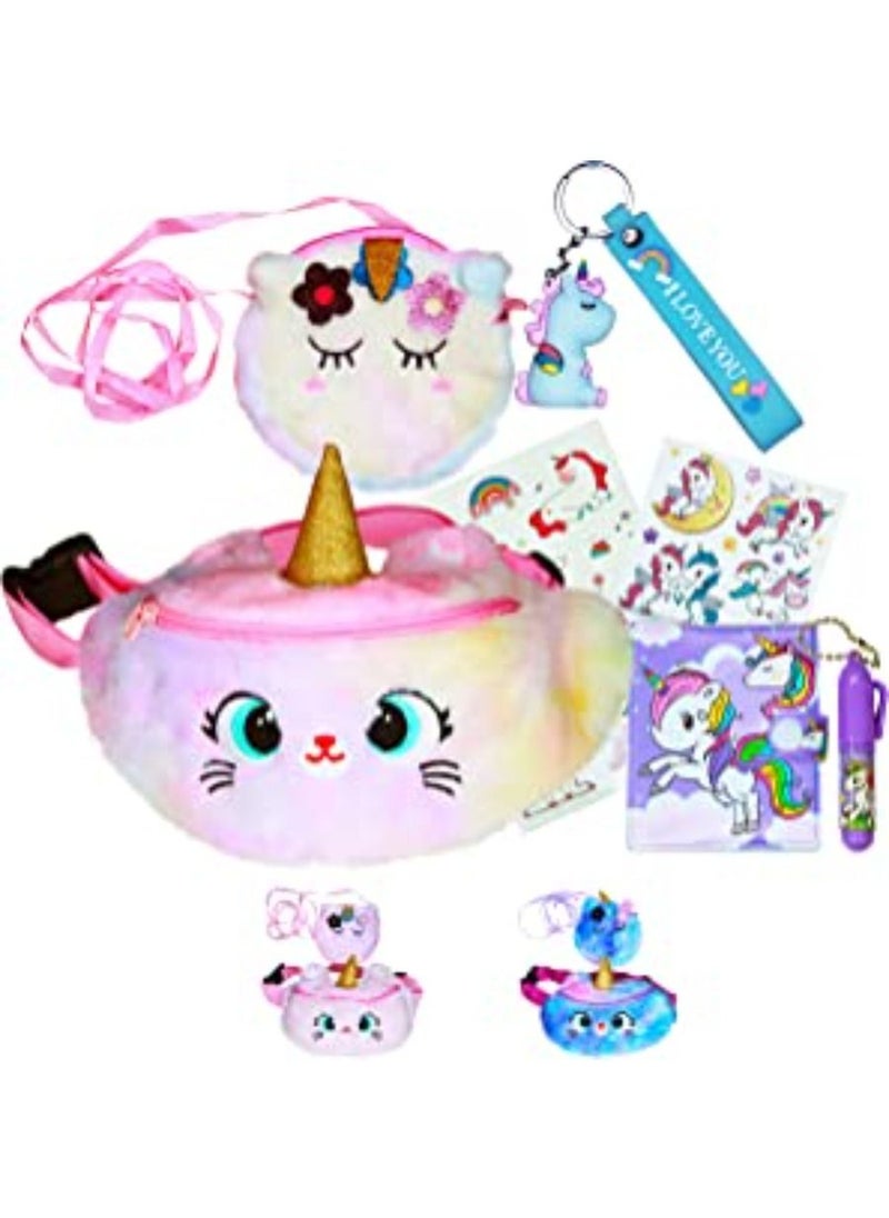 PEAKY KIDS - Rainbow Unicorn Fluffy Cute Plush Waist Pack Hand Bag Pouch Organizer Gift for Girls Casual Travel School Bag with Unicorn Keychain Mini Notebook Stickers and Tattoos - Image 1