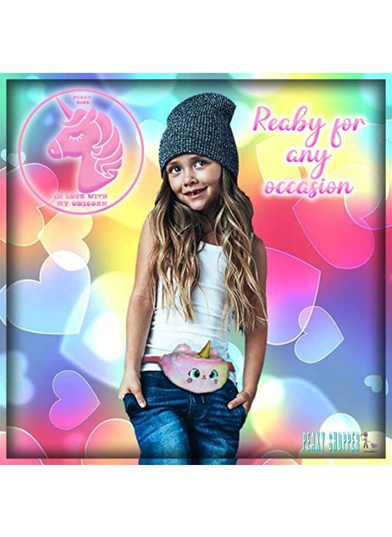 PEAKY KIDS - Rainbow Unicorn Fluffy Cute Plush Waist Pack Hand Bag Pouch Organizer Gift for Girls Casual Travel School Bag with Unicorn Keychain Mini Notebook Stickers and Tattoos - Image 1