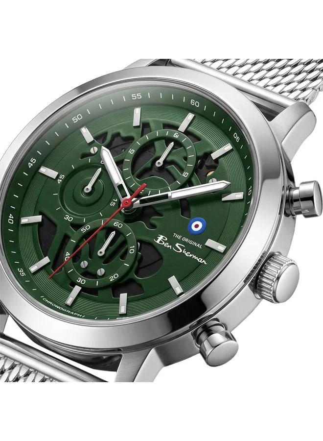 بين شيرمان Nottingham Green Dial Stainless Steel Bracelet Chronograph Watch for Men, 44mm