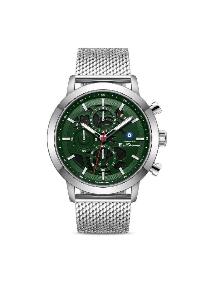 بين شيرمان Nottingham Green Dial Stainless Steel Bracelet Chronograph Watch for Men, 44mm