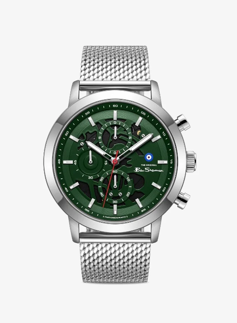 Ben Sherman Nottingham Green Dial Stainless Steel Bracelet Chronograph Watch for Men, 44mm