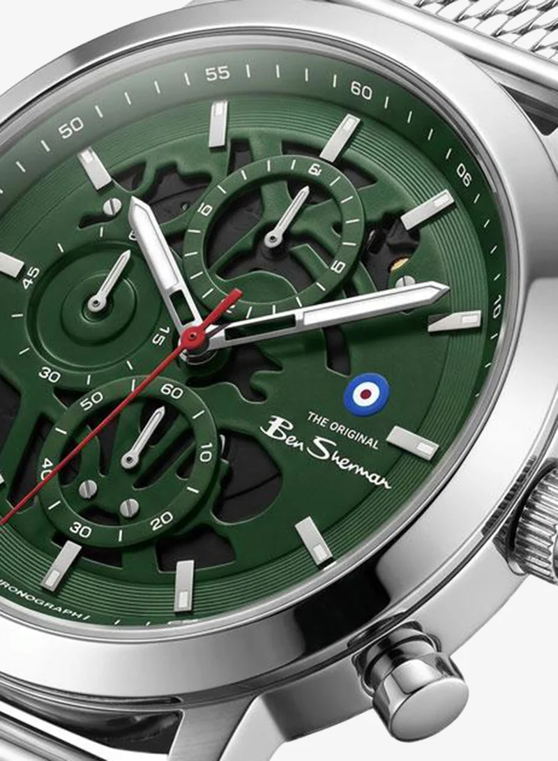 Ben Sherman Nottingham Green Dial Stainless Steel Bracelet Chronograph Watch for Men, 44mm
