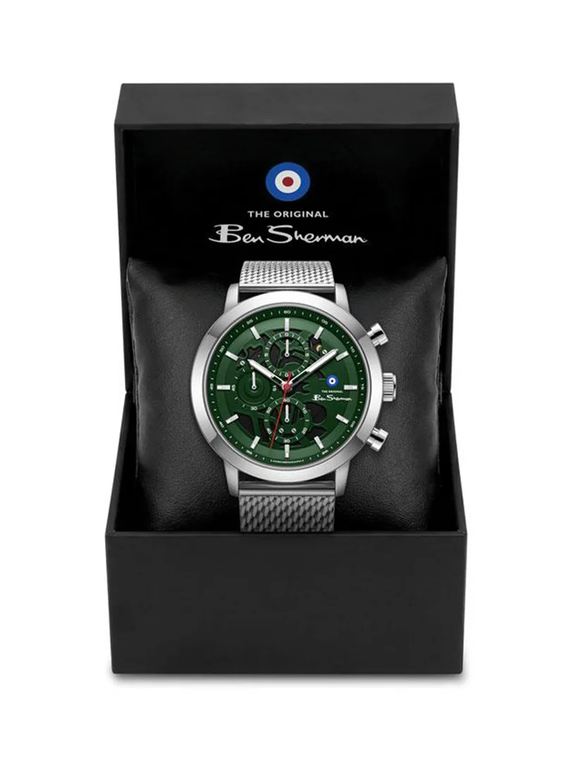 Ben Sherman silver Nottingham Green Dial Stainless Steel Bracelet Chronograph Watch for Men, 44mm for Men | Best Price UAE