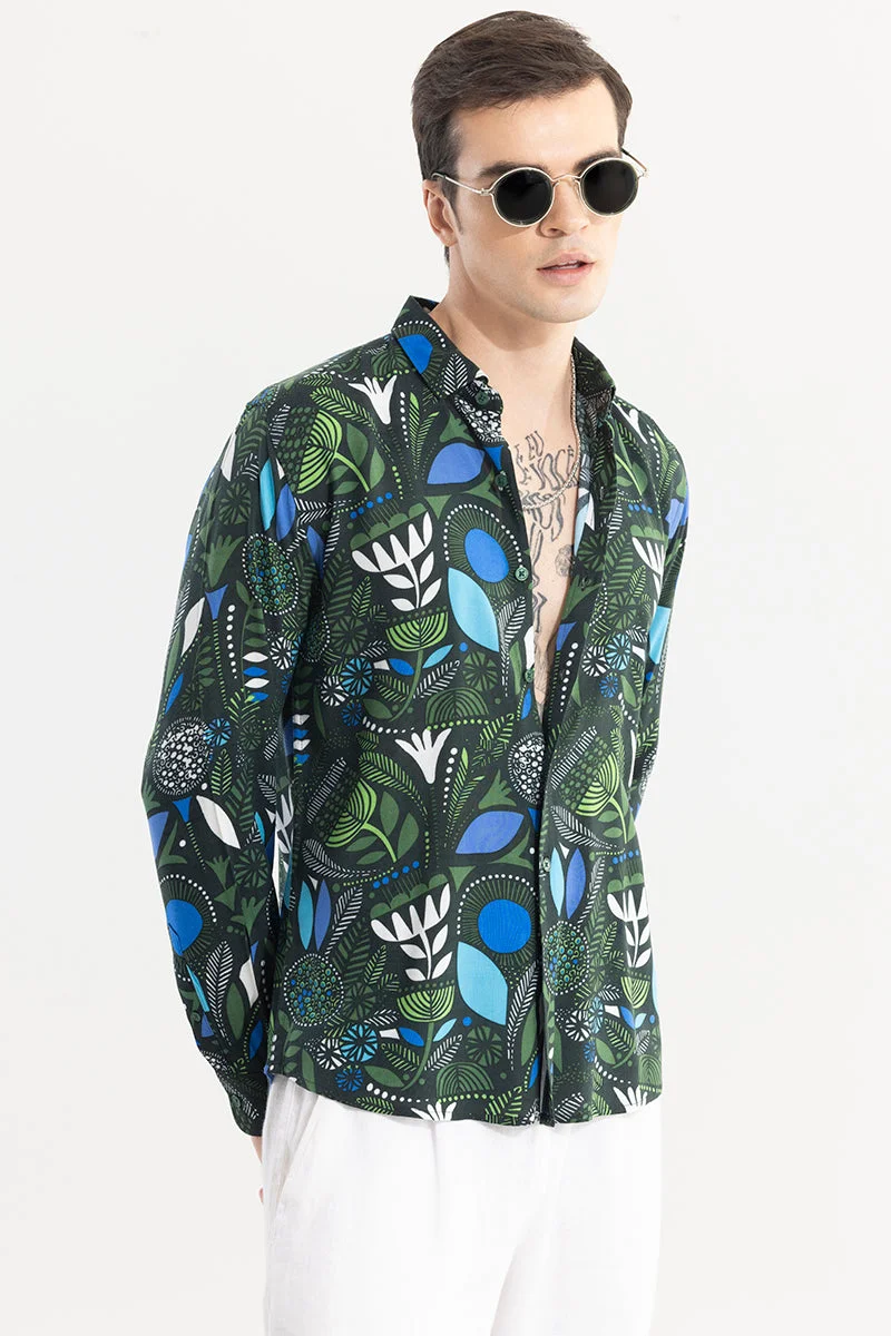 SNITCH Dark Green Floral Long Sleeve Slim Fit Streetwear Shirt
