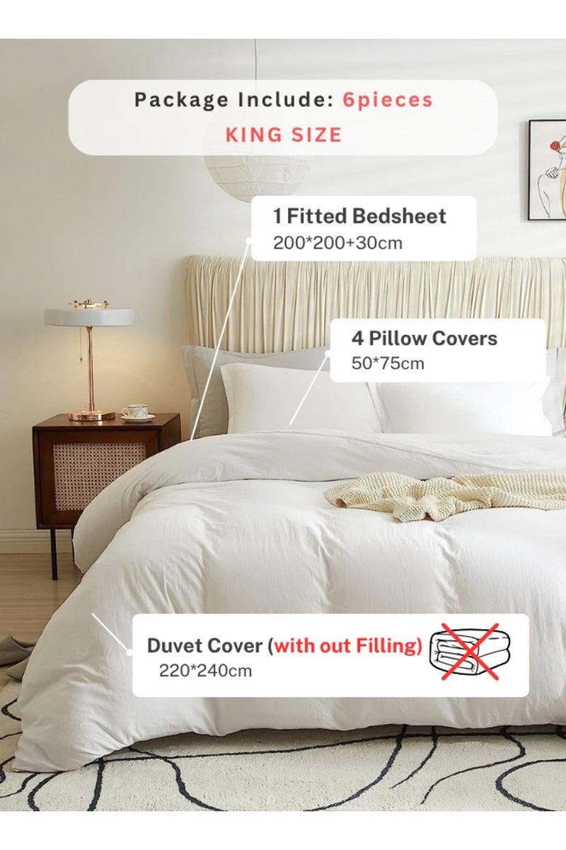 LUNA Home Washable Cotton 6 Pieces King Size Duvet Cover Plain Off White 220x240cm. - Image 2
