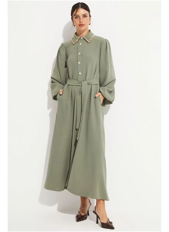 JUNE June Shirt Neck Stone Detailed Dress Green