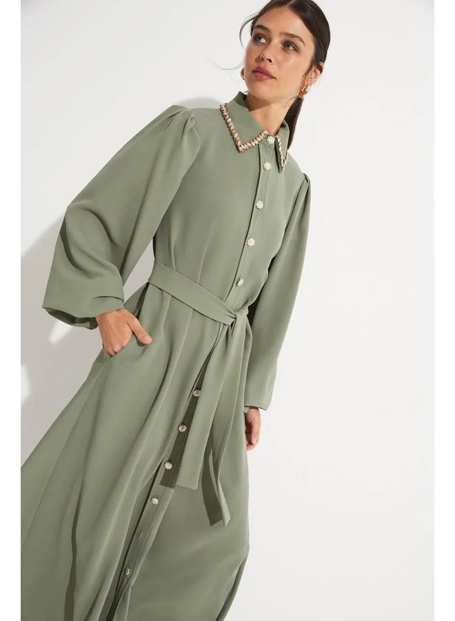 JUNE Belted Button-Up Dress