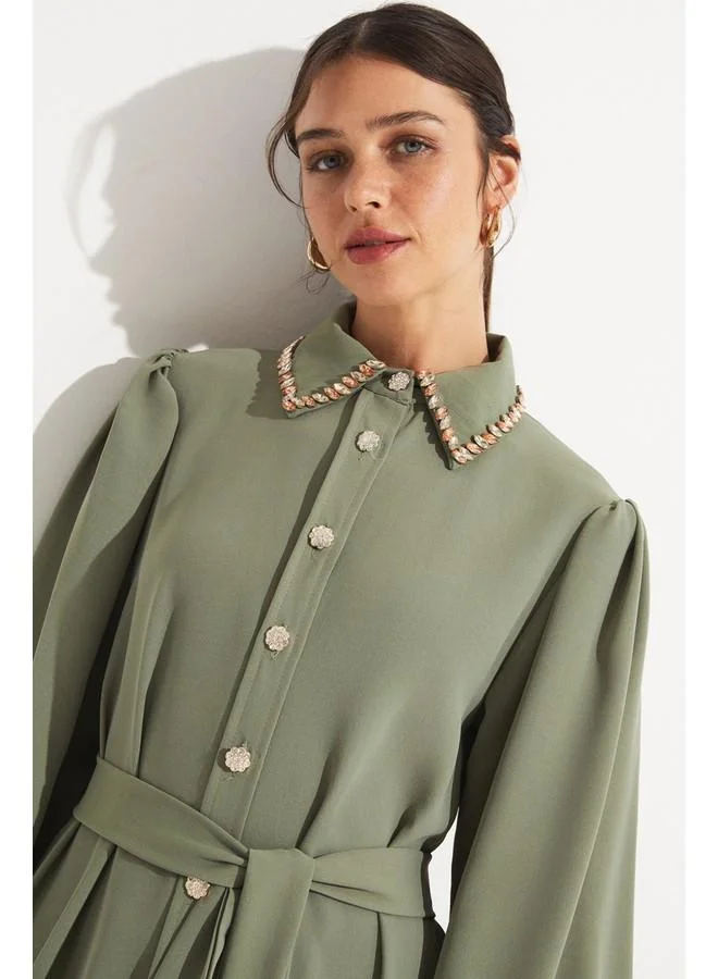 JUNE Belted Button-Up Dress