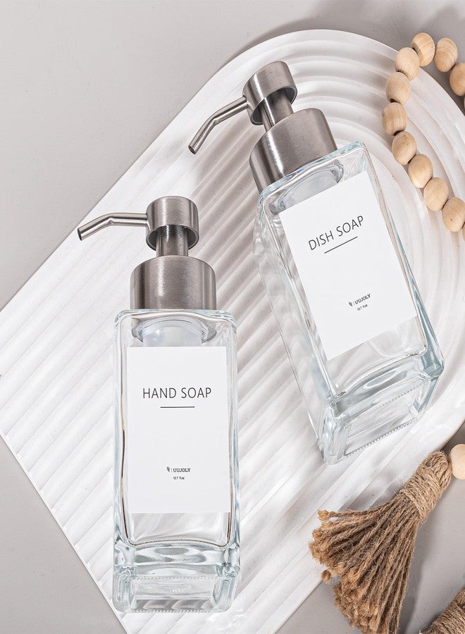 UUJOLY Foaming Soap Dispenser with Stainless Steel Pump, 12oz Refillable Glass Liquid Dish Soap Bottles for Bathroom, Kitchen Sink, Home Decor, 2 Pack - Image 3