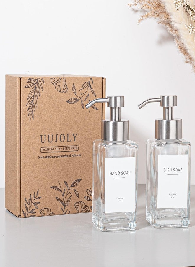 UUJOLY Foaming Soap Dispenser with Stainless Steel Pump, 12oz Refillable Glass Liquid Dish Soap Bottles for Bathroom, Kitchen Sink, Home Decor, 2 Pack - Image 4