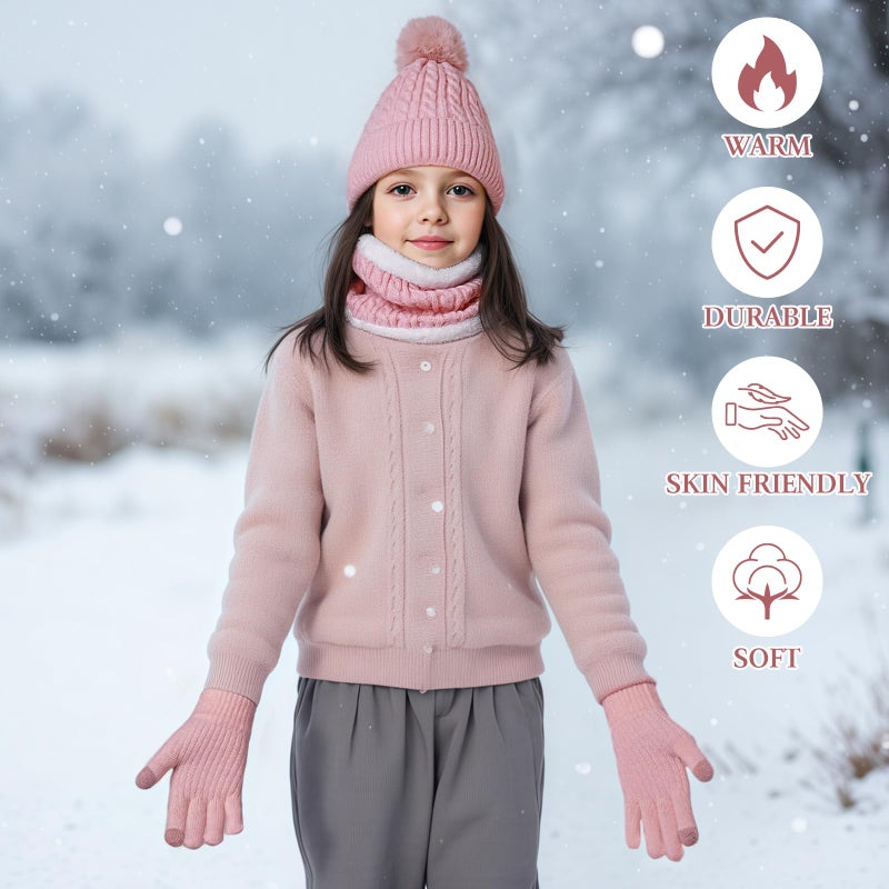 Clothclose ETTZ Kids Winter Hat Gloves Scarf Set, Winter Hats and Gloves for Girls with Pom Knit Neck Warmer Gaiter Mittens Fleece Lined Set for Kids Age 6-12 - Image 2