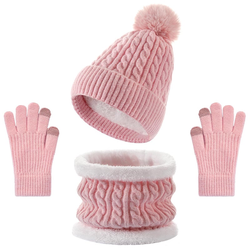 Clothclose ETTZ Kids Winter Hat Gloves Scarf Set, Winter Hats and Gloves for Girls with Pom Knit Neck Warmer Gaiter Mittens Fleece Lined Set for Kids Age 6-12 - Image 1