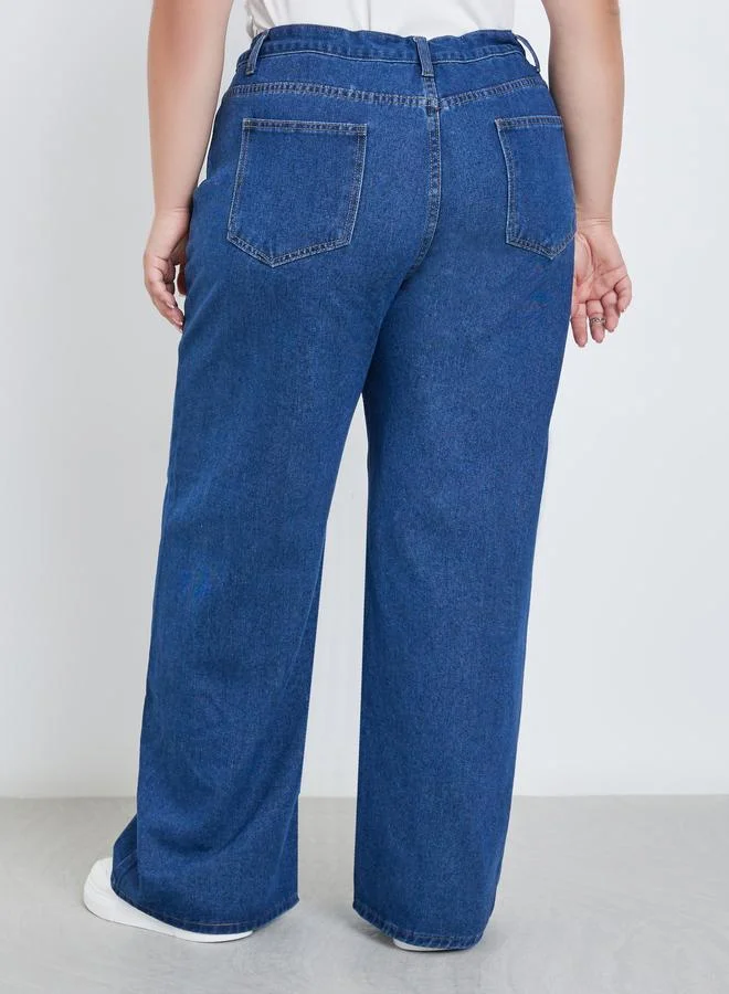 Styli Dark Blue Styli Plus Wide Leg Jeans with Drawstring for Women | Best Price UAE