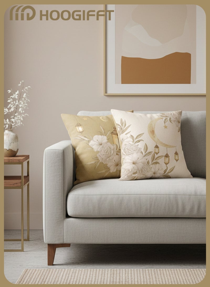 هوغيفت طقم أغطية وسائد ديكور رمضان والعيد 4 قطع – قمر هلال وفوانيس وزهور بلون بيج/كريمي لوسائد الكنب وغرفة المعيشة وغرفة النوم (أغطية فقط) - Image 3