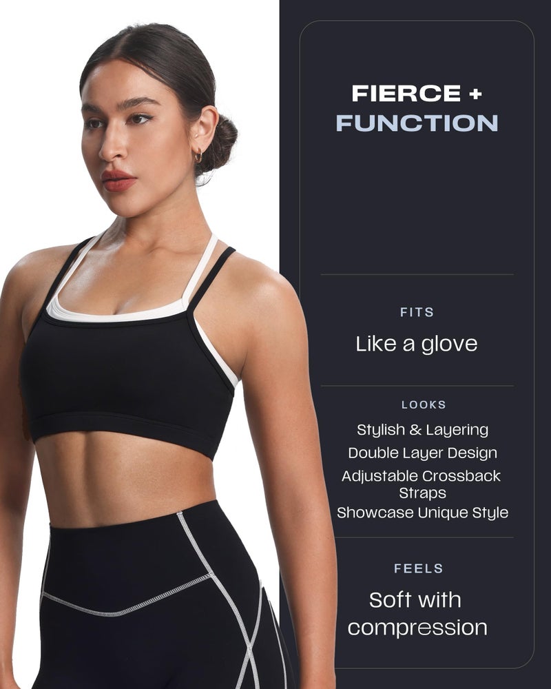 Aoxjox Women's Workout Sports Bras Takes Two Bra High Impact Training Fitness Running Yoga Crop Tank (Black and White, Medium) - Image 2