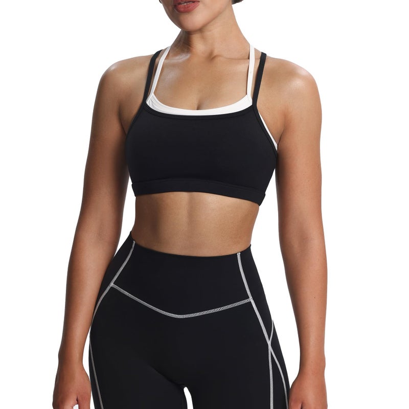 Aoxjox Women's Workout Sports Bras Takes Two Bra High Impact Training Fitness Running Yoga Crop Tank (Black and White, Medium) - Image 1