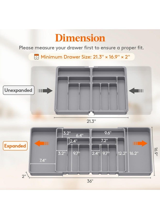 Lifewit Large Silverware Drawer Organizer, Expandable From 21 to 36 Inches, BPA Free Plastic Utensil Tray for Kitchen, Adjustable Flatware and Cutlery Holder for Spoons Forks Knives, Gray - Image 1