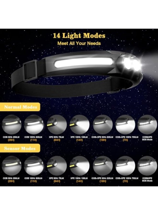 Rechargeable LED Headlamp - 300° Wide Beam Head Lamp, 750 Lumen 14 Modes Head Lights, 84H Standby Energy - Camping Accessories Gear, Waterproof Sensor Flashlight for Running Camping Fishing - Image 4