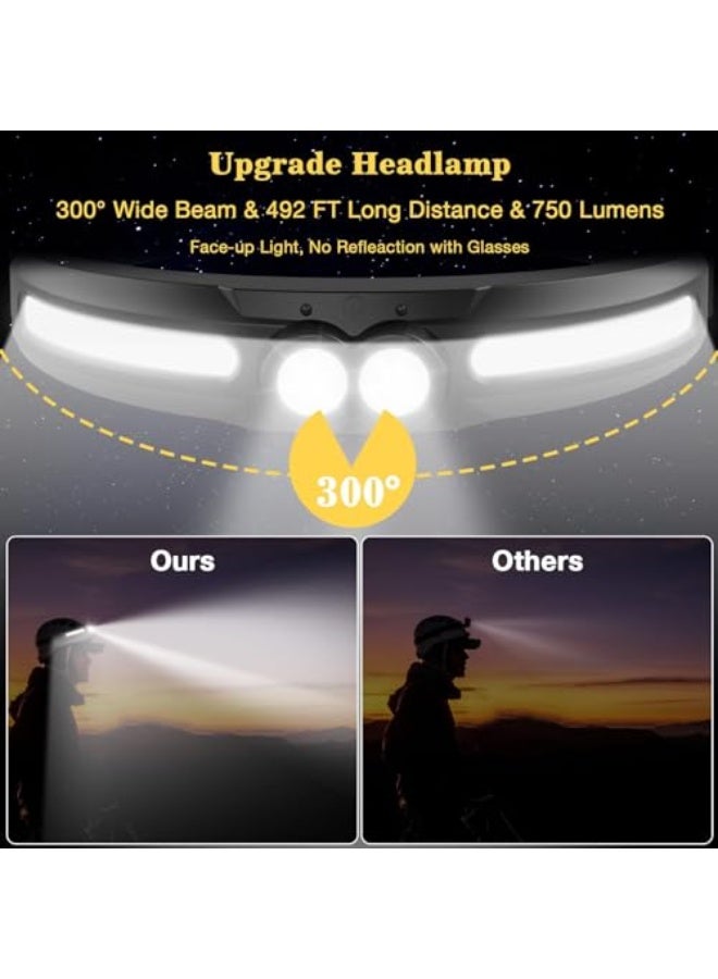 Rechargeable LED Headlamp - 300° Wide Beam Head Lamp, 750 Lumen 14 Modes Head Lights, 84H Standby Energy - Camping Accessories Gear, Waterproof Sensor Flashlight for Running Camping Fishing - Image 2