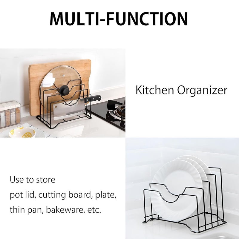 EARTHCONE 4 Slot Kitchenware Rack Pan Rack Organizer Pot Lid Holders Bakeware Rack Kitchen Cookware Pantry Cabinet Storage Rack Metal Black 1Pcs - Image 3