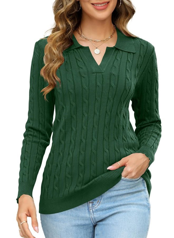 Micoson Womens Long Sleeve V Neck Sweater Lapel Knitted Pullover Fall Winter Tops Trendy 2024 Basic Warm Jumper (Green,L) - Image 2