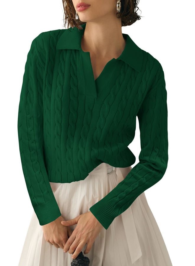 Micoson Womens Long Sleeve V Neck Sweater Lapel Knitted Pullover Fall Winter Tops Trendy 2024 Basic Warm Jumper (Green,L) - Image 1