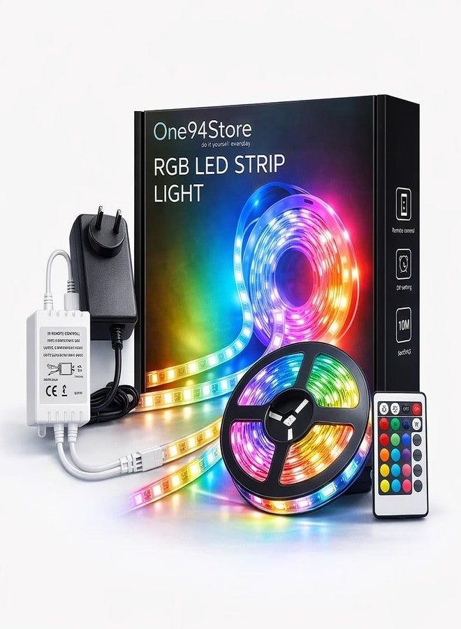 One94Store 5 Meter RGB LED Strip Lights with Adapter | 300 LEDs Multicolor Strip Light with 16 Mode Remote Controller | LED Lights for Home Decoration, Bedroom, Diwali & False Ceiling Lighting - Image 1