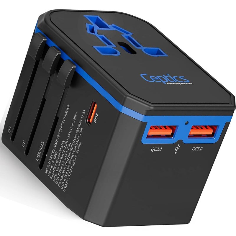 Ceptics International Power Adapter, World Travel adapter w/ PD 30W USB-C - 2 USB-A Ports Universal Adapter, Type A C G I Output for worldwide use, UP-10KU - Image 1