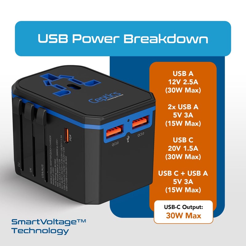 Ceptics International Power Adapter, World Travel adapter w/ PD 30W USB-C - 2 USB-A Ports Universal Adapter, Type A C G I Output for worldwide use, UP-10KU - Image 5
