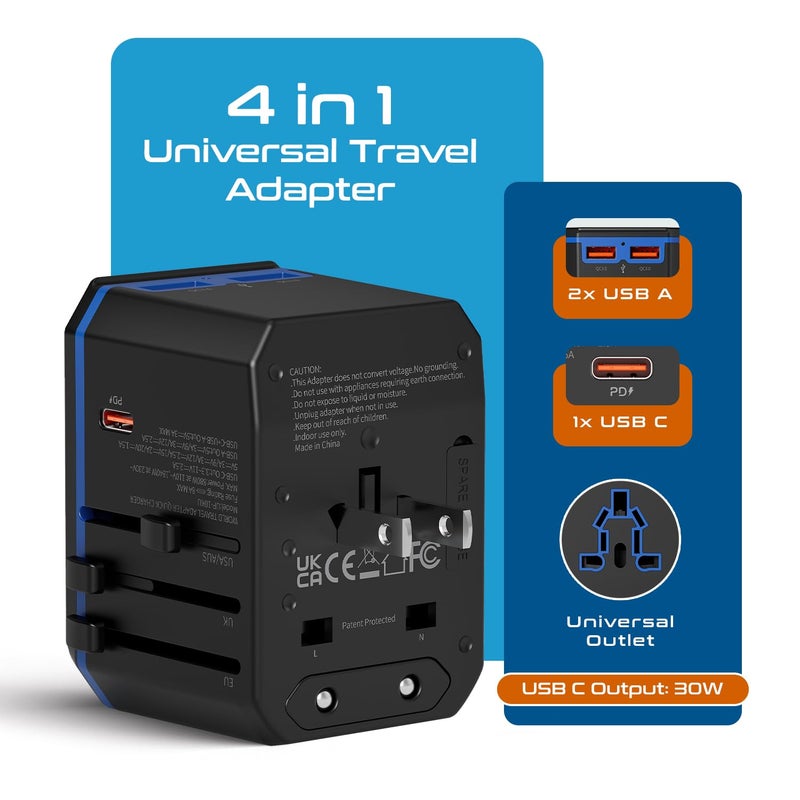 Ceptics International Power Adapter, World Travel adapter w/ PD 30W USB-C - 2 USB-A Ports Universal Adapter, Type A C G I Output for worldwide use, UP-10KU - Image 2