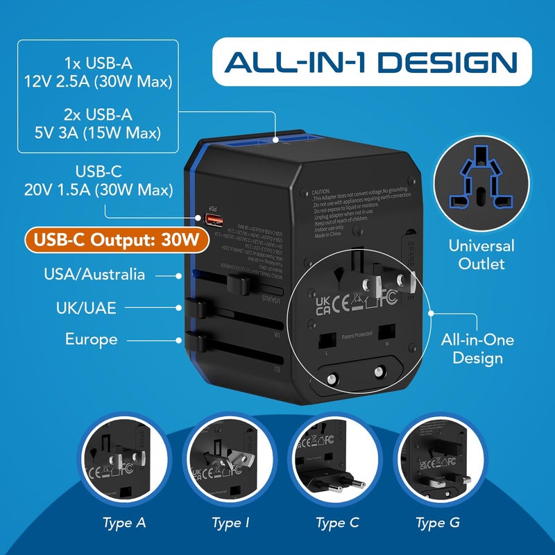Ceptics International Power Adapter, World Travel adapter w/ PD 30W USB-C - 2 USB-A Ports Universal Adapter, Type A C G I Output for worldwide use, UP-10KU - Image 4