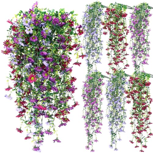 FineCheer 6 Pcs Spring Artificial Hanging Flowers Outdoor Faux Silk Mum Plant Decor Violet with Eucalyptus Realistic UV Resistant Trailing Vine Spring Porch Yard(Elegant Color,Chamomile) - Image 1