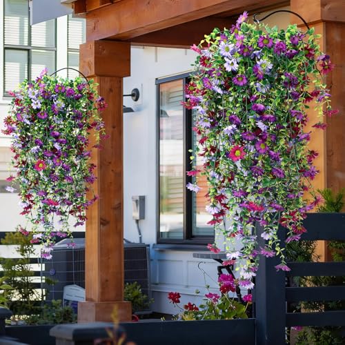 FineCheer 6 Pcs Spring Artificial Hanging Flowers Outdoor Faux Silk Mum Plant Decor Violet with Eucalyptus Realistic UV Resistant Trailing Vine Spring Porch Yard(Elegant Color,Chamomile) - Image 5
