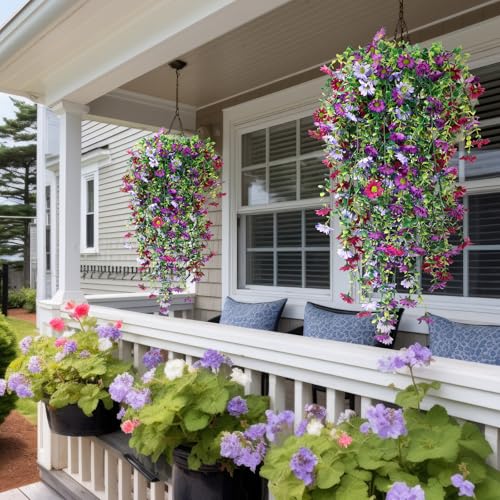 FineCheer 6 Pcs Spring Artificial Hanging Flowers Outdoor Faux Silk Mum Plant Decor Violet with Eucalyptus Realistic UV Resistant Trailing Vine Spring Porch Yard(Elegant Color,Chamomile) - Image 4