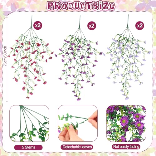 FineCheer 6 Pcs Spring Artificial Hanging Flowers Outdoor Faux Silk Mum Plant Decor Violet with Eucalyptus Realistic UV Resistant Trailing Vine Spring Porch Yard(Elegant Color,Chamomile) - Image 3