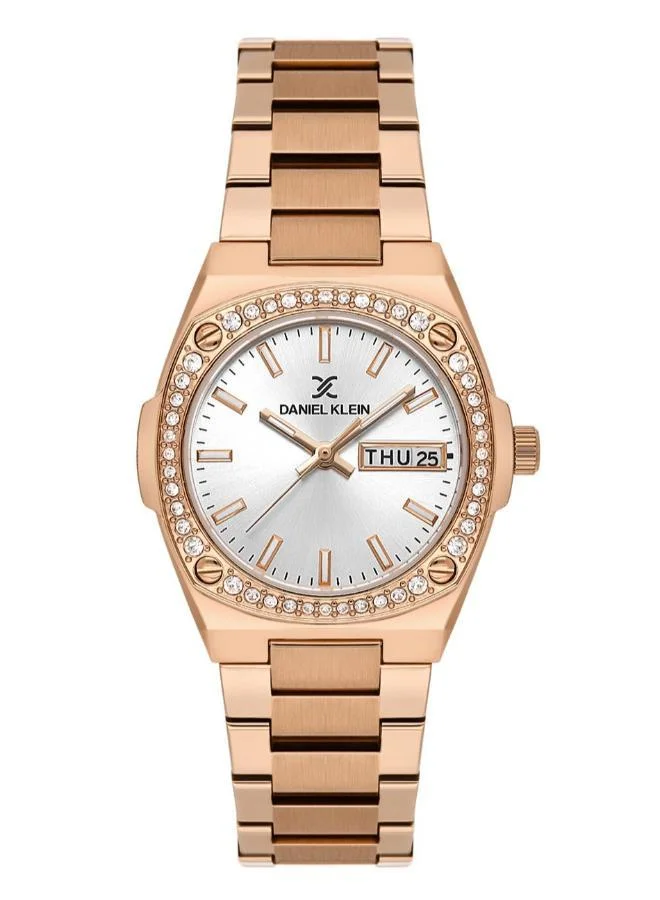 DANIEL KLEIN Women's Stainless Steel Rose Gold Alloy Case Analog Silver Round Sunray Dial Japanese Quartz Premium 30 Meters Water Resistant