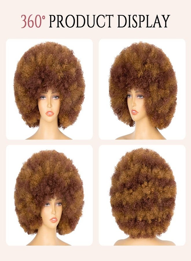 Aminow 70's Afro Wig for Women, Mixed Brown Short Afro Kinky Curly Wig, Glueless Synthetic Wig with Bangs, Puffy & Fluffy Bouncy Afro Wig for Daily Cosplay Party - Image 3