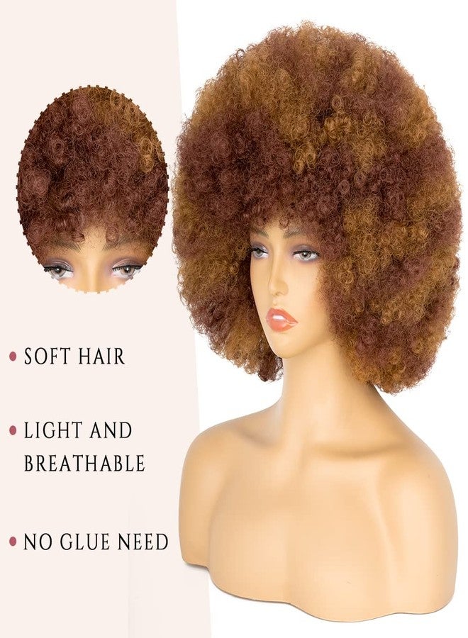 Aminow 70's Afro Wig for Women, Mixed Brown Short Afro Kinky Curly Wig, Glueless Synthetic Wig with Bangs, Puffy & Fluffy Bouncy Afro Wig for Daily Cosplay Party - Image 2
