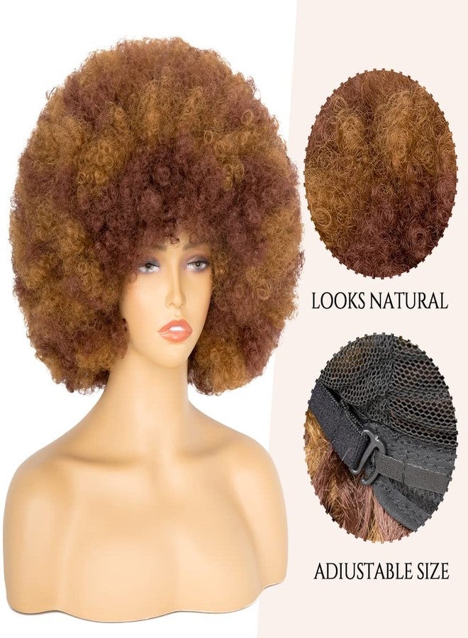 Aminow 70's Afro Wig for Women, Mixed Brown Short Afro Kinky Curly Wig, Glueless Synthetic Wig with Bangs, Puffy & Fluffy Bouncy Afro Wig for Daily Cosplay Party - Image 4