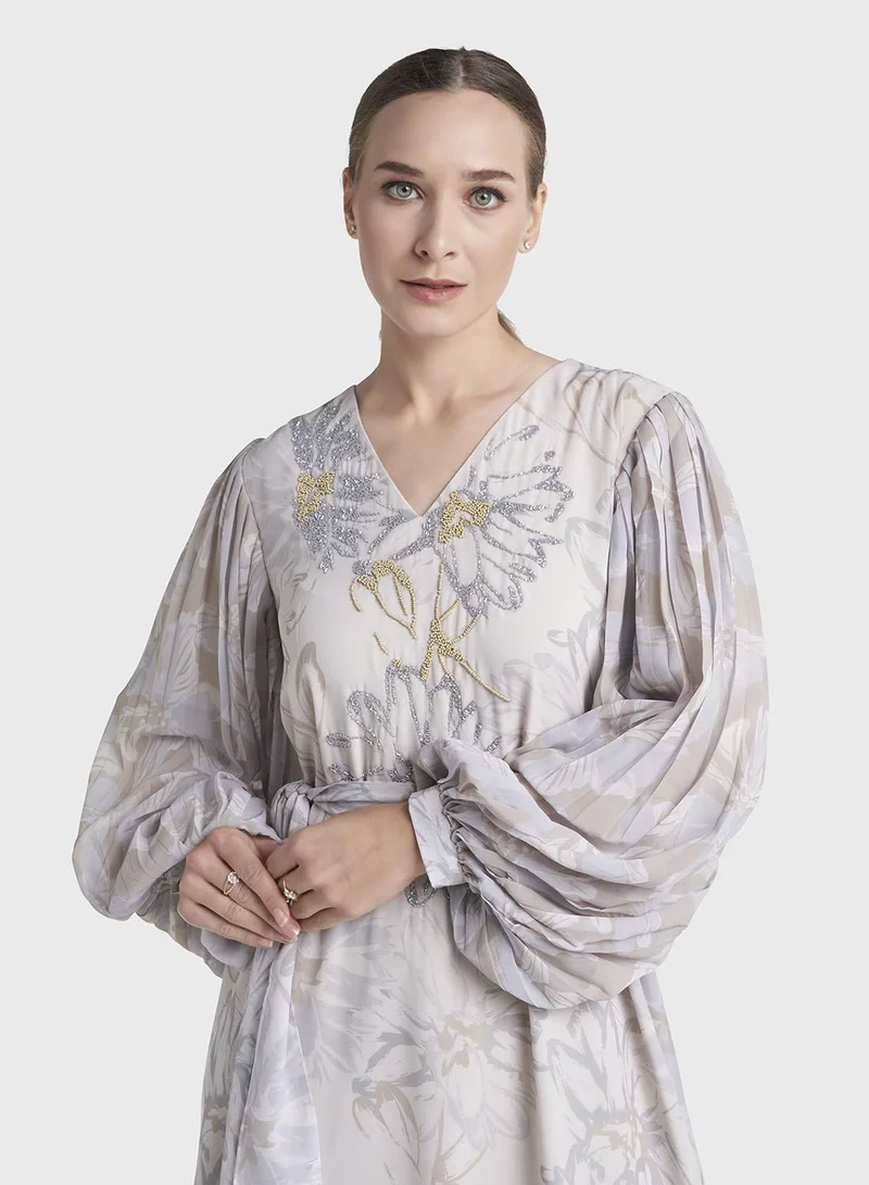 Kashkha Light Beige Floral Printed Georgette Maxi Dress (VW219)