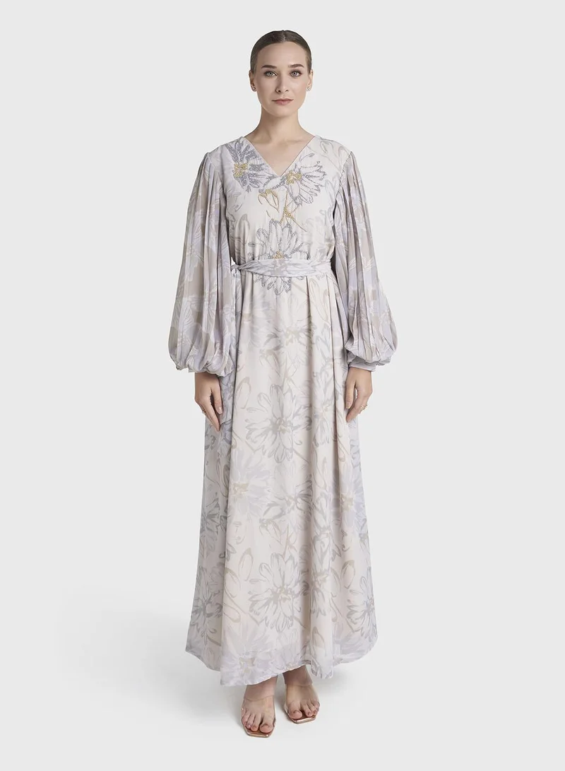 Kashkha Light Beige Floral Printed Georgette Maxi Dress (VW219)