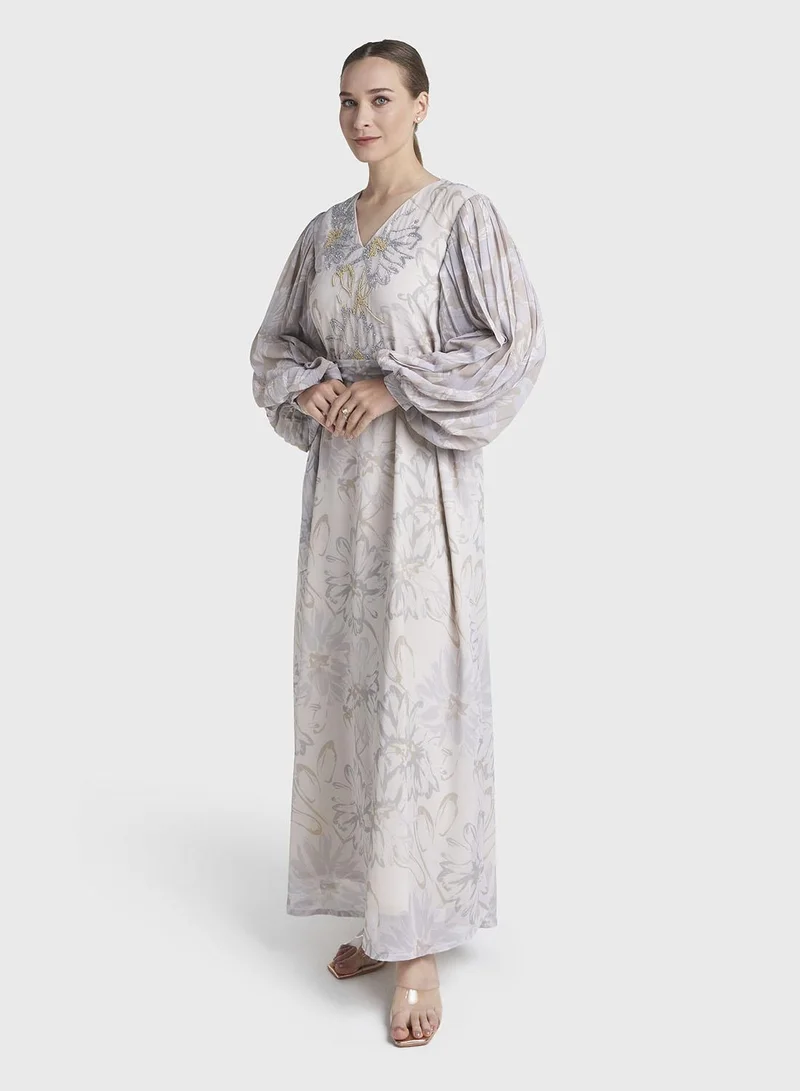 Kashkha  Light Beige Floral Printed Georgette Maxi Dress (VW219) for Women | Best Price UAE
