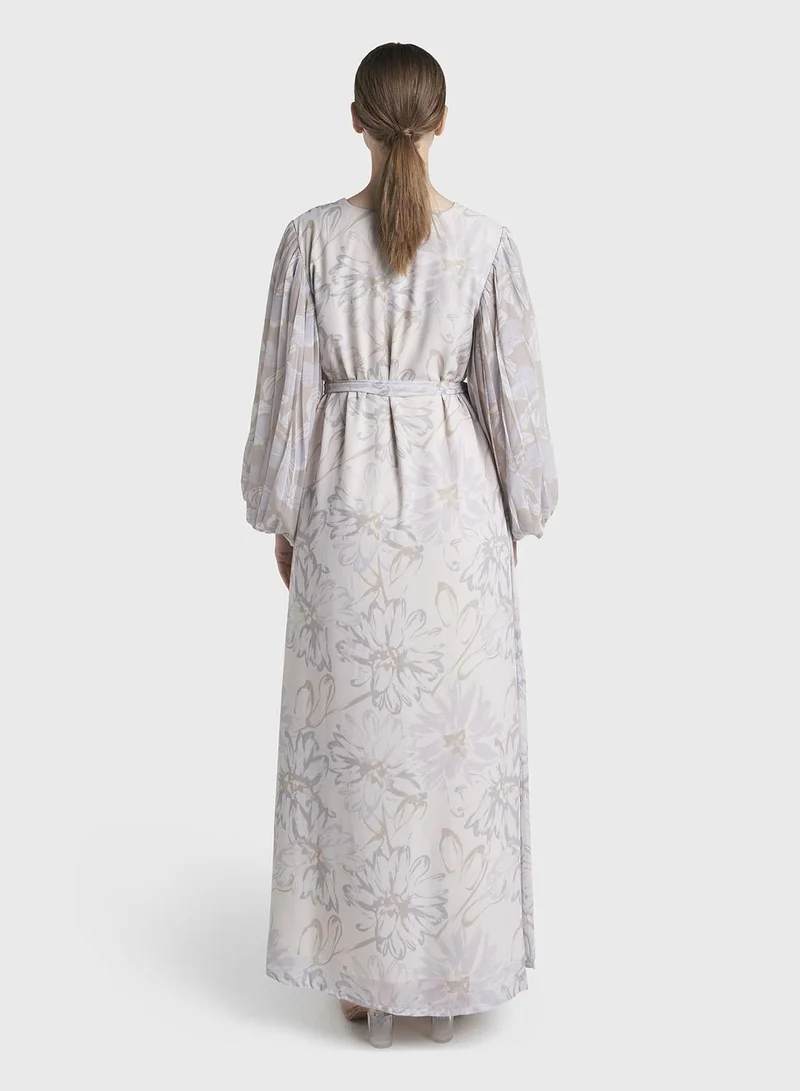 Kashkha  Light Beige Floral Printed Georgette Maxi Dress (VW219) for Women | Best Price UAE
