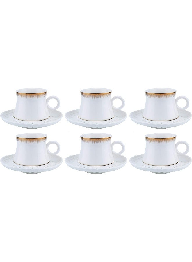 Shallow Bone China Tea Cup & Saucer Set, White/Gold, 220ml, 12 Pieces (6 Cups & 6 Saucer) - Image 1