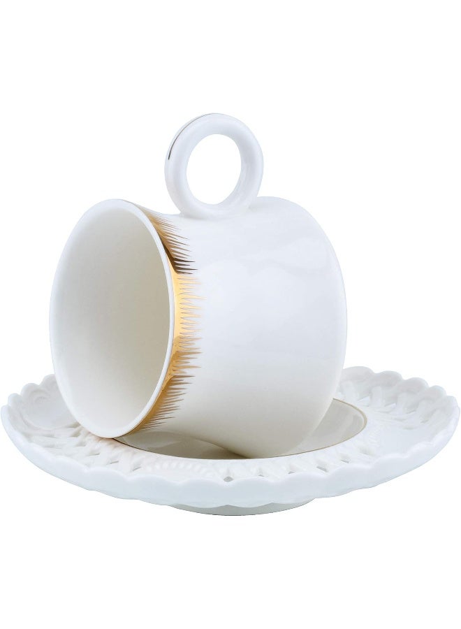 Shallow Bone China Tea Cup & Saucer Set, White/Gold, 220ml, 12 Pieces (6 Cups & 6 Saucer) - Image 3