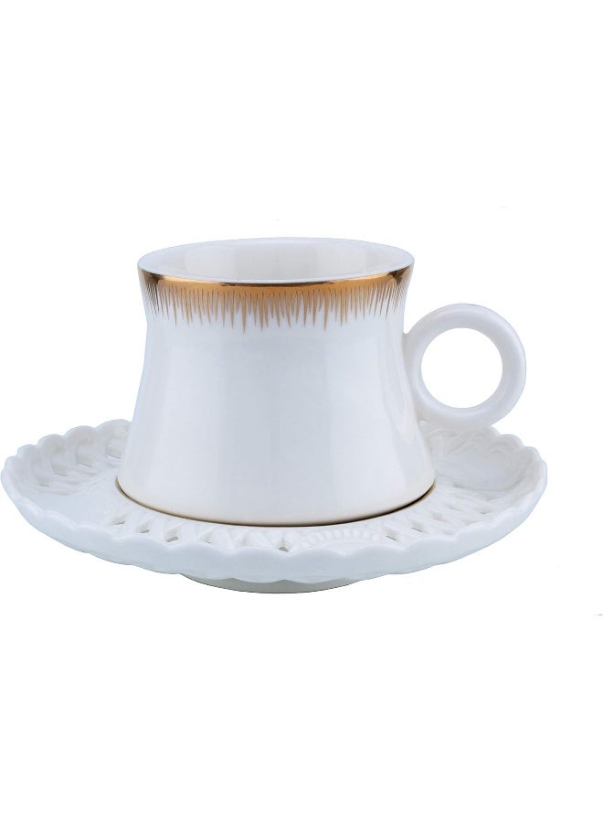 Shallow Bone China Tea Cup & Saucer Set, White/Gold, 220ml, 12 Pieces (6 Cups & 6 Saucer) - Image 4