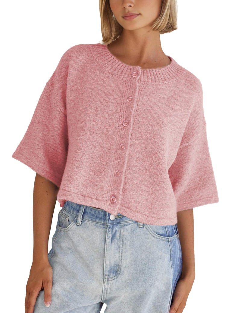 Springrain Cardigan Sweaters for Women Lightweight Knit Cropped Cardigan Button Up Solid Knitwear(Pink-S) - Image 1