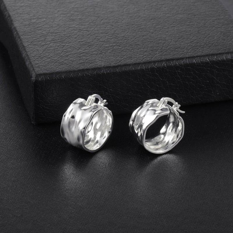 ALEXCRAFT 925 Sterling Silver Earrings Hammered Small Chunky Hoop Earrings for Women Hypoallergenic Thick Hoop Earring Silver Wide Chunky Hoops - Image 4