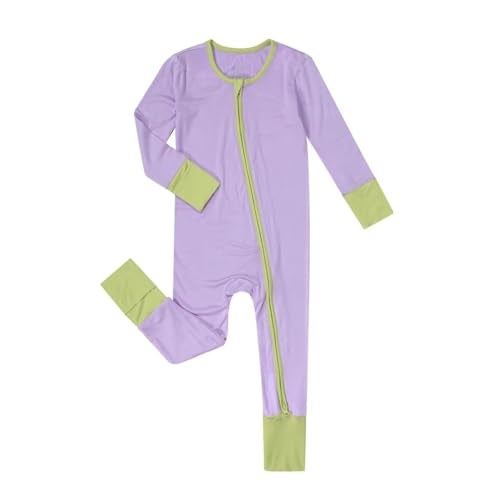 Teach Leanbh Unisex Baby Bamboo Viscose Pajamas with Mittens and Feet Cuffs Soild 2 Way Zipper Long Sleeve Romper Sleep and Play (Purple, 3-6 Months) - Image 1